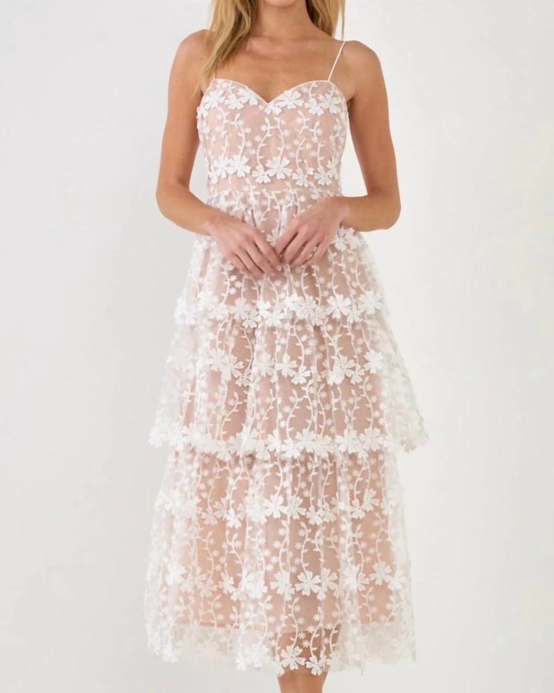 Front of a model wearing a size L Crochet Lace Midi Dress In White in White by endless rose. | dia_product_style_image_id:346606